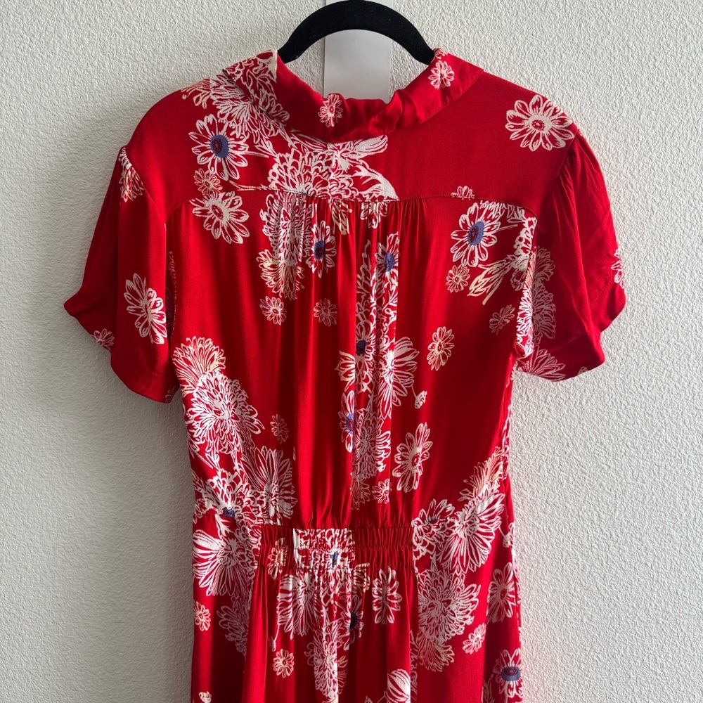Free People Blue Hawaii Red Floral Print Short Sleeve Mini Dress A-Line Boho - Picture 8 of 14